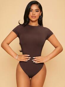 SHEIN PETITE Women Casual Solid Slim Fit Bodycon Bodysuit ,Petite Women - Chocolate Brown - View 3