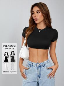SHEIN PETITE 休閒簡約純色圓領短版修身女款T恤，黑色短版上衣，適合嬌小女性 - 黑色 - 查看 9