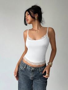 Aloruh 女士蕾丝拼布纯色褶皱修身优雅吊带背心 - 白色 - 查看 6