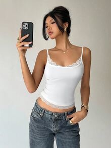 Aloruh 女士蕾丝拼布纯色褶皱修身优雅吊带背心 - 白色 - 查看 7