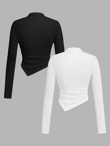 SHEIN SXY 2pcs/Set Asymmetrical Hem Mock Neck Long Sleeve T-Shirt,Autumn Top Everyday Day Time Black White Minimalist Modest - Multicolor - View 2