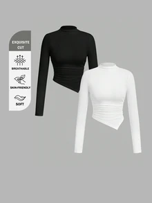SHEIN SXY 2pcs/Set Asymmetrical Hem Mock Neck Long Sleeve T-Shirt,Autumn Top Everyday Day Time Black White Minimalist Modest - Multicolor - View 9