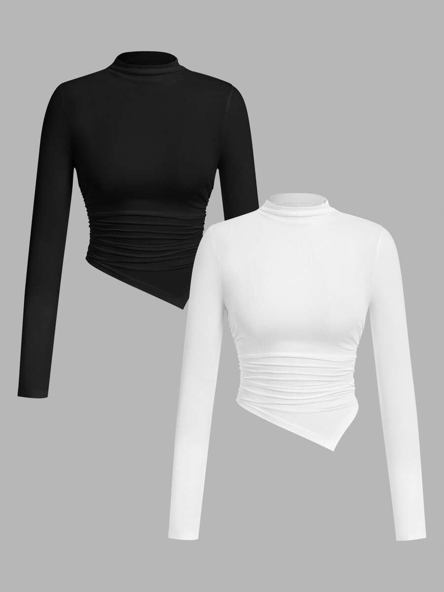 SHEIN SXY 2pcs/Set Asymmetrical Hem Mock Neck Long Sleeve T-Shirt,Autumn Top Everyday Day Time Black White Minimalist Modest - Multicolor - View 1