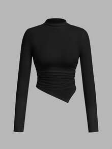SHEIN SXY 2pcs/Set Asymmetrical Hem Mock Neck Long Sleeve T-Shirt,Autumn Top Everyday Day Time Black White Minimalist Modest - Multicolor - View 3