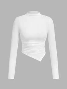 SHEIN SXY 2pcs/Set Asymmetrical Hem Mock Neck Long Sleeve T-Shirt,Autumn Top Everyday Day Time Black White Minimalist Modest - Multicolor - View 8