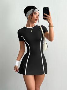Dewbera Dewbera 女款網球運動戶外修身黑白短袖運動洋裝附短褲手機口袋 匹克球運動休閒度假夏季 - 黑色 - 查看 6