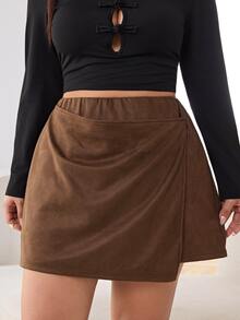 Solflare Plus Size Fashion Commuter Solid Color Wrap Skirt - Coffee Brown - View 5