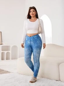 Solflare Legging Pinggang Lebar Tumpang Tindih Motif Denim Ukuran Plus - MultiWarna - View 5