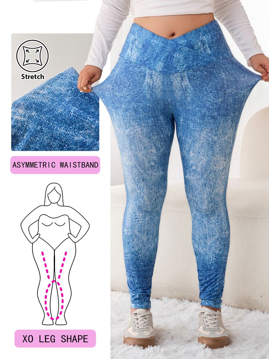 Solflare Legging Pinggang Lebar Tumpang Tindih Motif Denim Ukuran Plus - MultiWarna - View 1