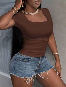 Slaydiva Plus Size Women Summer Casual Commuting Simple Solid Color Square Neck Short Sleeve Pleated Fitted T-Shirt - Brown - View 5