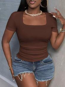 Slaydiva Plus Size Women Summer Casual Commuting Simple Solid Color Square Neck Short Sleeve Pleated Fitted T-Shirt - Brown - View 3