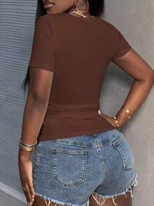 Slaydiva Plus Size Women Summer Casual Commuting Simple Solid Color Square Neck Short Sleeve Pleated Fitted T-Shirt - Brown - View 2