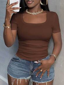 Slaydiva Plus Size Women Summer Casual Commuting Simple Solid Color Square Neck Short Sleeve Pleated Fitted T-Shirt - Brown - View 1