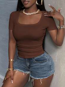 Slaydiva Plus Size Women Summer Casual Commuting Simple Solid Color Square Neck Short Sleeve Pleated Fitted T-Shirt - Brown - View 4