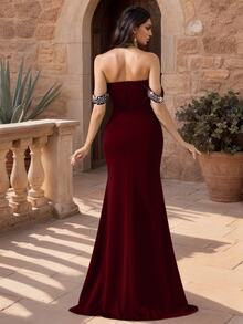 Coutiva Women's Rhinestone Decor Off Shoulder Halter Mermaid Hem Formal Evening Gown (Heavily Embellished) - Burgundy - View 2