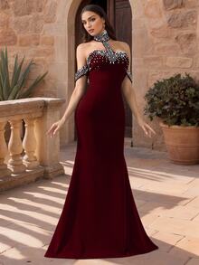 Coutiva Women's Rhinestone Decor Off Shoulder Halter Mermaid Hem Formal Evening Gown (Heavily Embellished) - Burgundy - View 6