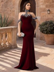 Coutiva Women's Rhinestone Decor Off Shoulder Halter Mermaid Hem Formal Evening Gown (Heavily Embellished) - Burgundy - View 5