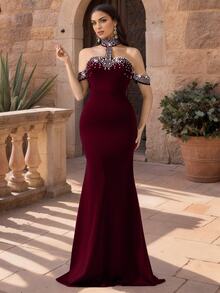 Coutiva Women's Rhinestone Decor Off Shoulder Halter Mermaid Hem Formal Evening Gown (Heavily Embellished) - Burgundy - View 7