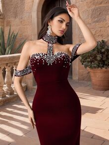 Coutiva Women's Rhinestone Decor Off Shoulder Halter Mermaid Hem Formal Evening Gown (Heavily Embellished) - Burgundy - View 4