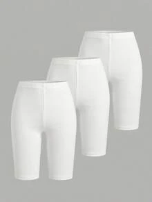 SHEIN 3PCS Tween Girl Solid Color Elastic Waist Casual Base Shorts - White - View 8