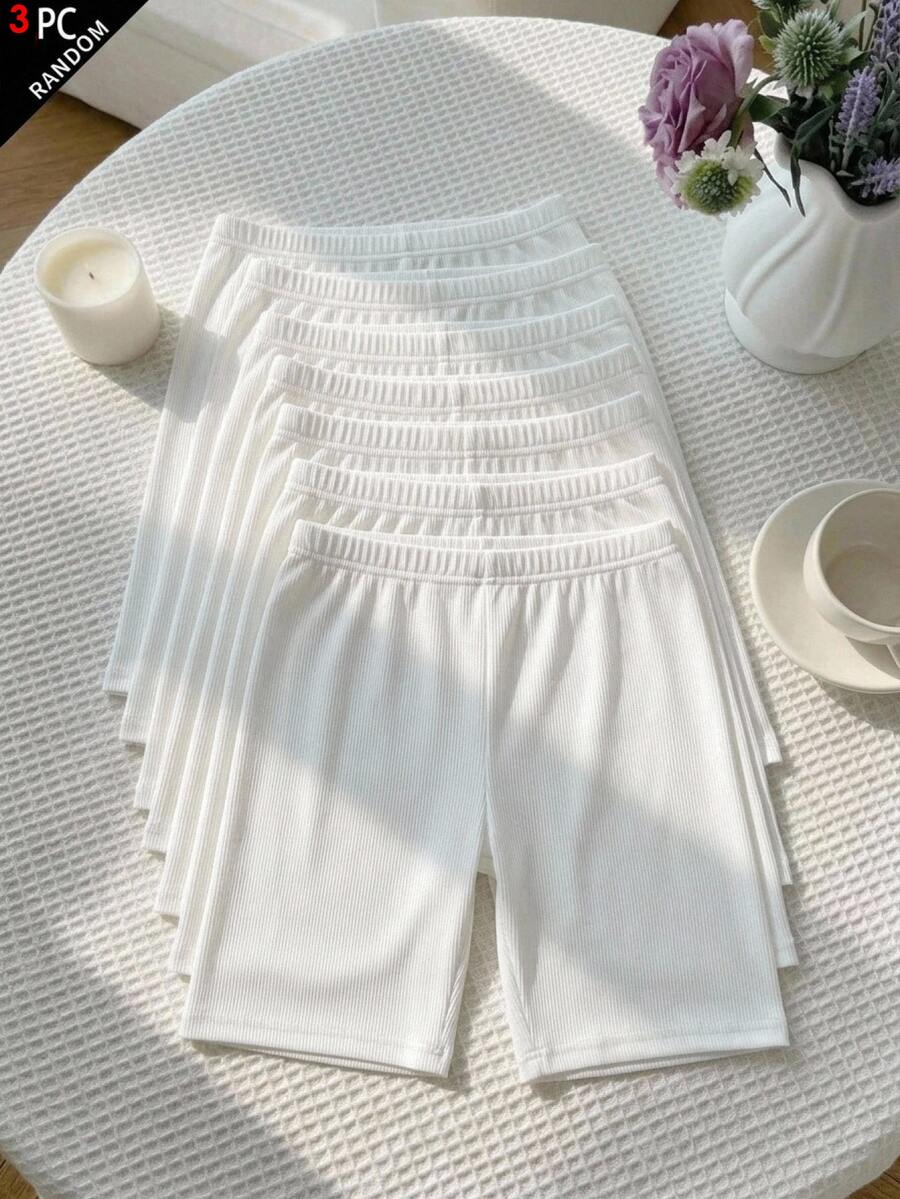 SHEIN 3PCS Tween Girl Solid Color Elastic Waist Casual Base Shorts - White - View 1