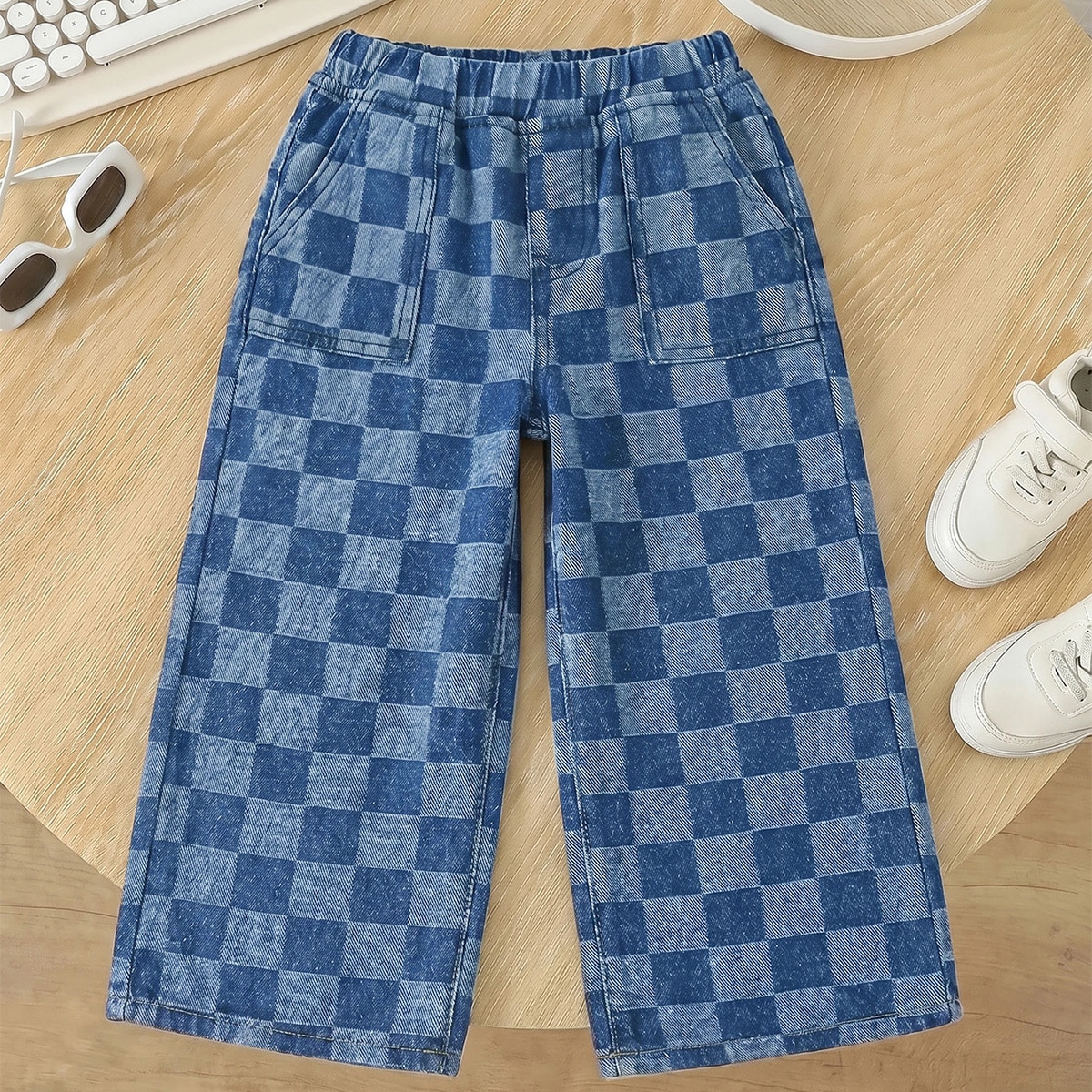 Kids Boys' Blue Checkerboard Denim Loose Straight Leg Pants