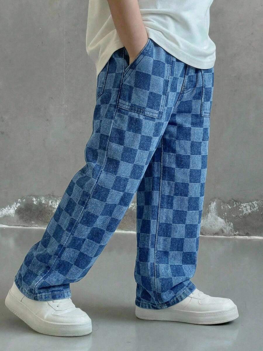 SHEIN 兒童男童藍色棋盤格牛仔寬鬆直筒長褲 - 中等水洗藍 - 查看 1