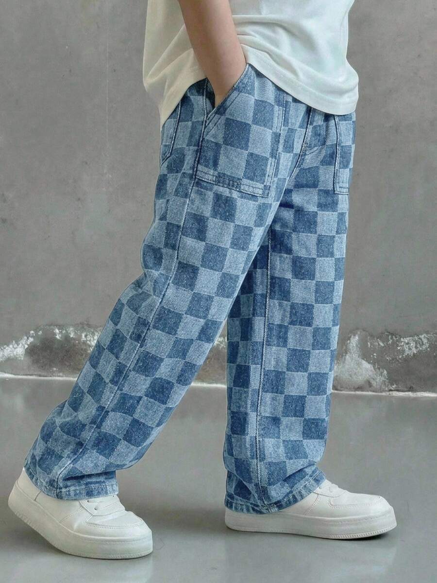 SHEIN 兒童男童藍色格紋牛仔寬鬆直筒長褲 - 淺色水洗藍 - 查看 1