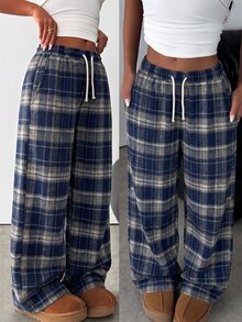 SHEIN 青少年女孩 1件 格紋印花抽繩腰長褲 - 藏蓝色 - 查看 1