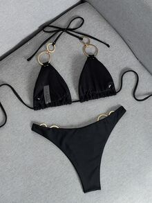 Swim SXY 女士纯黑色挂脖丁字裤比基尼套装，带环饰，面料泳装短裤 - 黑色 - 查看 3