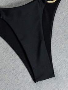 Swim SXY 女士纯黑色挂脖丁字裤比基尼套装，带环饰，面料泳装短裤 - 黑色 - 查看 8