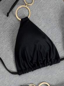 Swim SXY 女士纯黑色挂脖丁字裤比基尼套装，带环饰，面料泳装短裤 - 黑色 - 查看 7