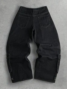 ROMWE MEN Street Life Men's Loose Fit Cargo Pocket Jeans - Black - View 2