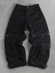 ROMWE MEN Street Life Men's Loose Fit Cargo Pocket Jeans - Black - View 8