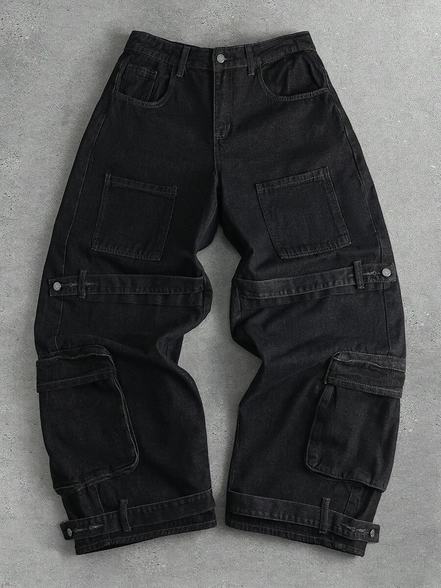 ROMWE MEN Street Life Men's Loose Fit Cargo Pocket Jeans - Black - View 1