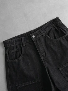 ROMWE MEN Street Life Men's Loose Fit Cargo Pocket Jeans - Black - View 3