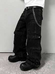 ROMWE MEN Street Life Men's Loose Fit Cargo Pocket Jeans - Black - View 1