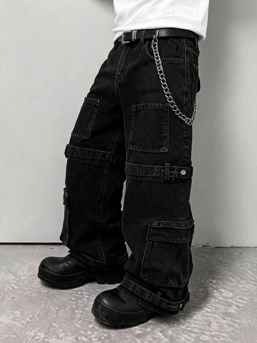 ROMWE MEN Street Life Men's Loose Fit Cargo Pocket Jeans - Black - View 1