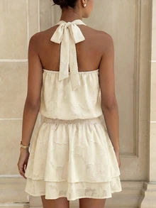 Cévolie Hollow Neck Cutout Woven Ruffle Hem Short Dress Brunch Vacation White Summer Elegant Baggy - Apricot - View 2