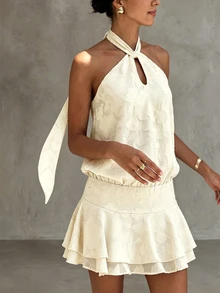 Cévolie Hollow Neck Cutout Woven Ruffle Hem Short Dress Brunch Vacation White Summer Elegant Baggy - Apricot - View 1