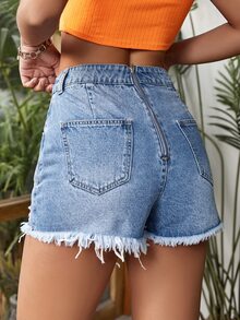 SHEIN Essnce Skort mezclilla desgarro bajo crudo con botón delantero - Azul lavado medio - Ver 2
