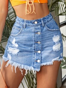 SHEIN Essnce Skort mezclilla desgarro bajo crudo con botón delantero - Azul lavado medio - Ver 3