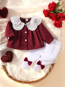 SHEIN 新生女嬰秋冬優雅甜美可愛燈芯絨蕾絲彼得潘領長袖紅色開襟外套與白色對比紅蝴蝶結連腳褲套裝 - 酒紅色 - 查看 3