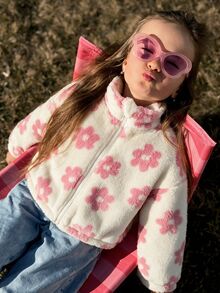 SHEIN 少女花卉圖案拉鍊休閒日常長袖外套 - 粉色 - 查看 4
