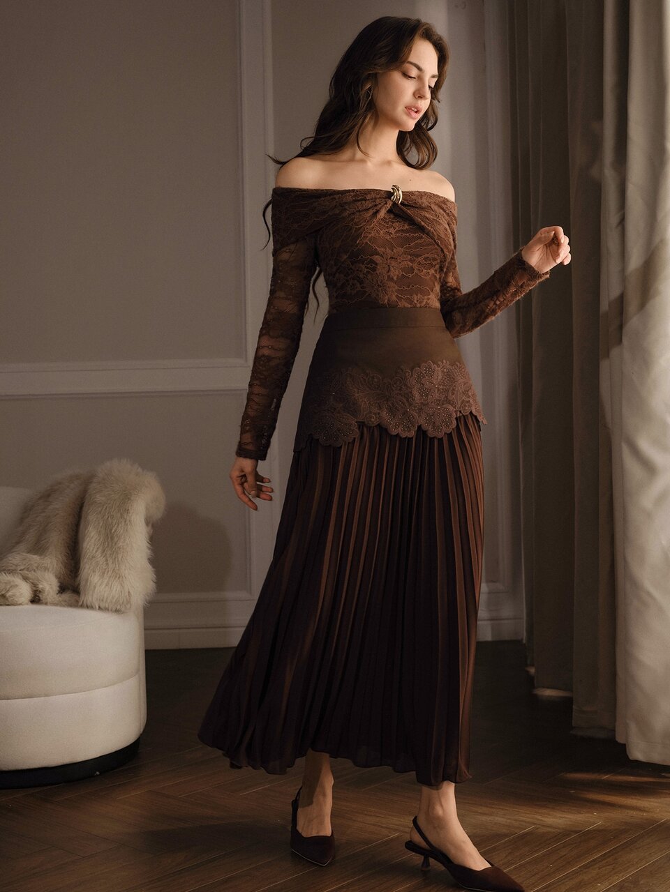 Anewsta Women's Elegant Brown Pleated Embroidered Umbrella Skirt