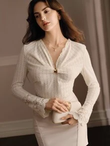 Anewsta Women's Elegant Heavy Work V-Neck Metal Button Lace Trim Base Layer Top - Apricot - View 4