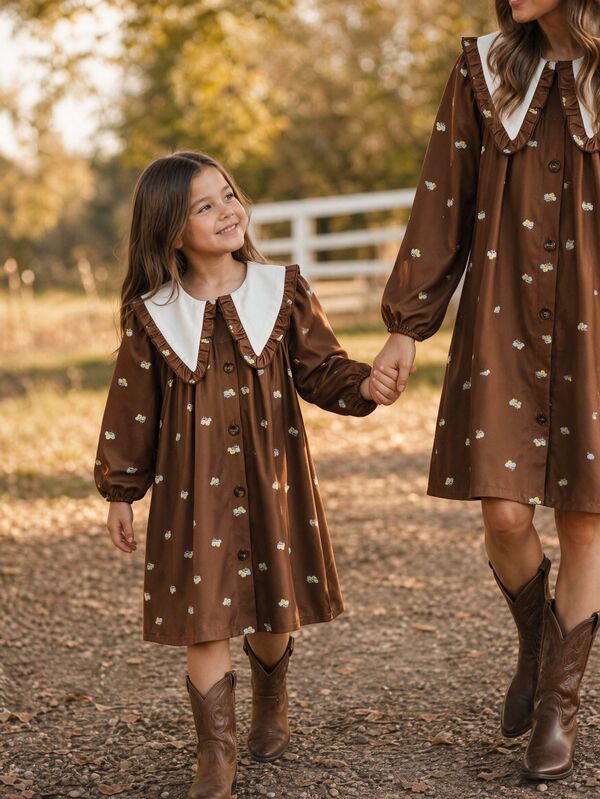 Emery Rose Kids Emery Rose Kids Young Girl Young Girl Brown Girl Patchwork Peter Pan Collar Dress French Style Long Sleeve Dress