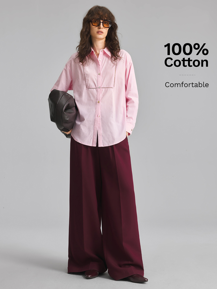 Ontre 2026 New Autumn Women's Loose Fit Solid Pink Long Sleeve Shirt, Woven Fabric, Lapel Collar, Button Front, Patchwork Lace Design, Casual Commute Urban Modern Minimalist Elegant Tea Party Independence Day Old Money Style Teacher Office Wear Holiday Dress Vacation Date Women's Outwear Fashion Versatile Women's Shirt - Pink - View 4