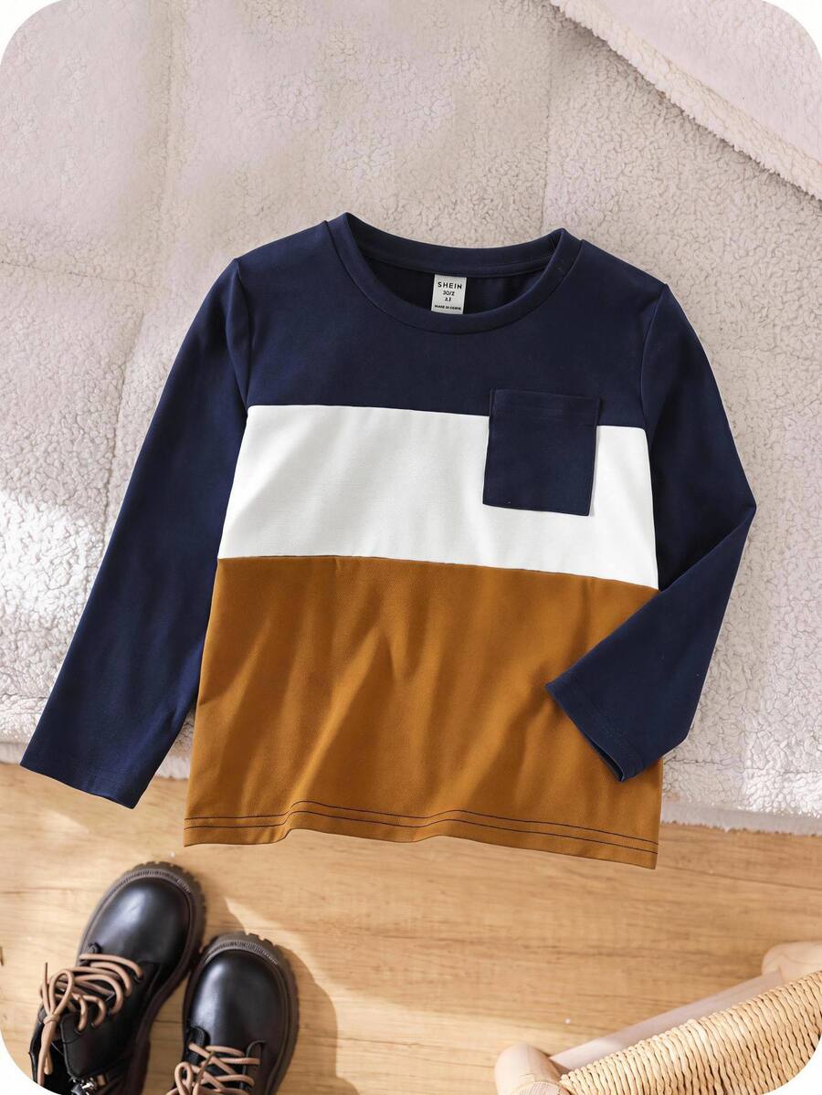 SHEIN Kids Young Boys Extended Size Casual Colorblock Solid Color Crew Neck Pullover Long Sleeve Knit T-Shirt, Suitable For Spring, Autumn And Winter - Multicolor - View 1