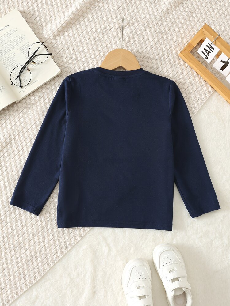 SHEIN تي شيرت محبوك بأكمام طويلة وياقة دائرية بتصميم كتل لونية وألوان موحدة، مقاسات كبيرة للأولاد الصغار، مناسب للربيع والخريف والشتاء - متعدد الألوان - مشاهدة 2